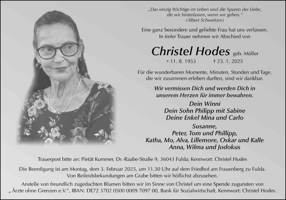  Traueranzeige für Christel Hodes vom 30.01.2025 aus FZ