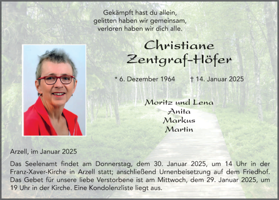 Traueranzeige von Christiane Zentgraf-Höfer von FZ