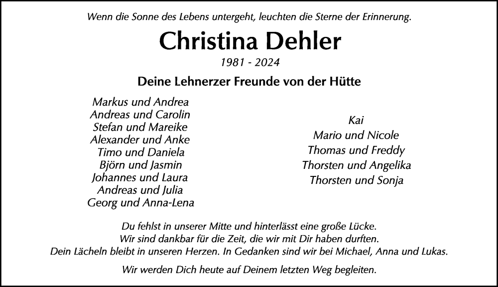  Traueranzeige für Christina Dehler vom 03.01.2025 aus FZ