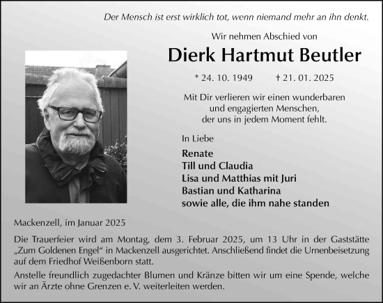 Traueranzeige von Dierk Hartmut Beutler von FZ