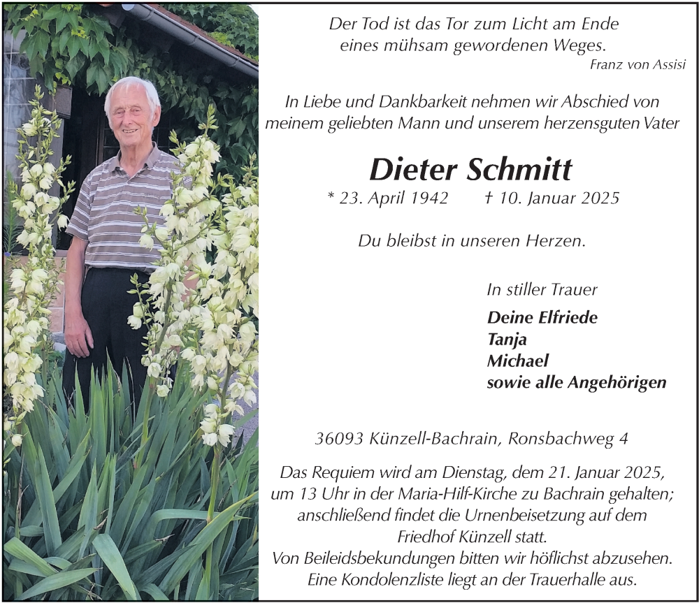  Traueranzeige für Dieter Schmitt vom 17.01.2025 aus FZ