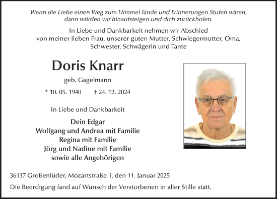 Traueranzeige von Doris Knarr von FZ