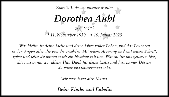 Traueranzeige von Dorothea Auhl von FZ