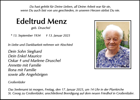 Traueranzeige von Edeltrud Menz von FZ