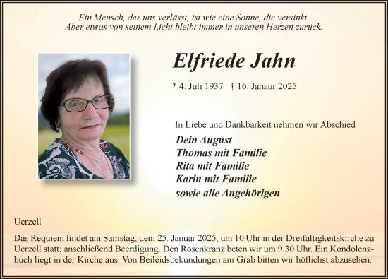 Traueranzeige von Elfriede Jahn von FZ