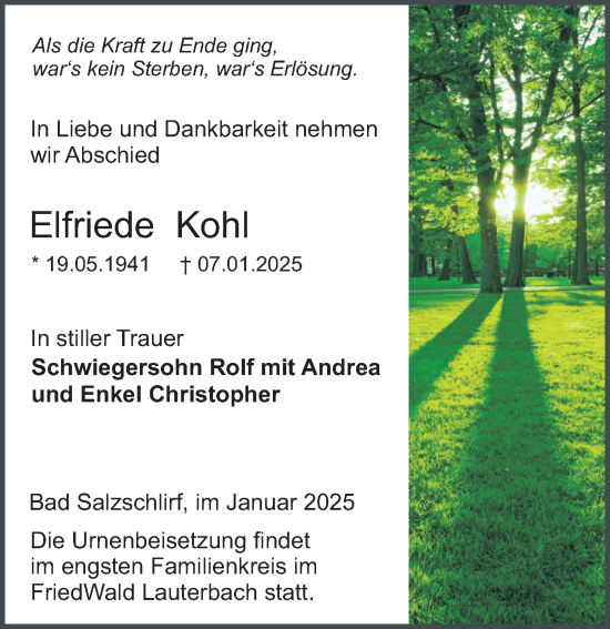 Traueranzeige von Elfriede Kohl von FZ