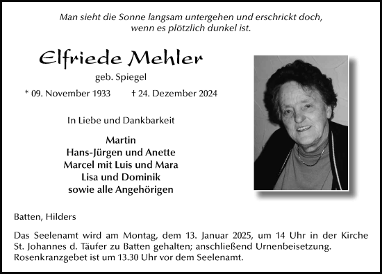 Traueranzeige von Elfriede Mehler von FZ
