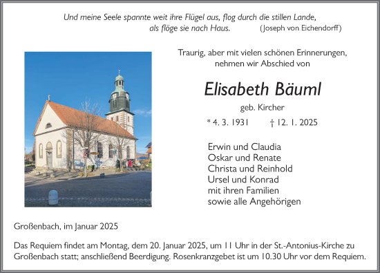 Traueranzeige von Elisabeth Bäuml von FZ