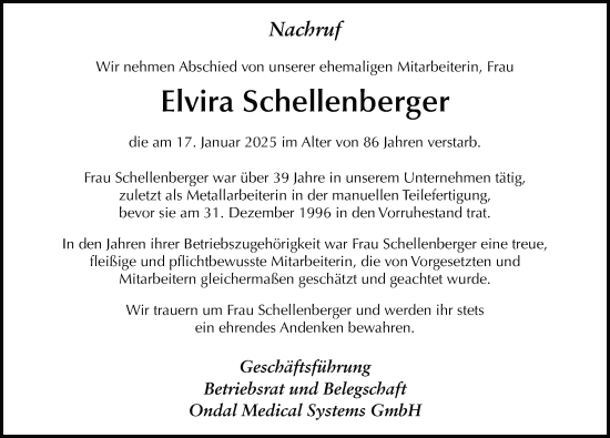 Traueranzeige von Elvira Schellenberger von FZ