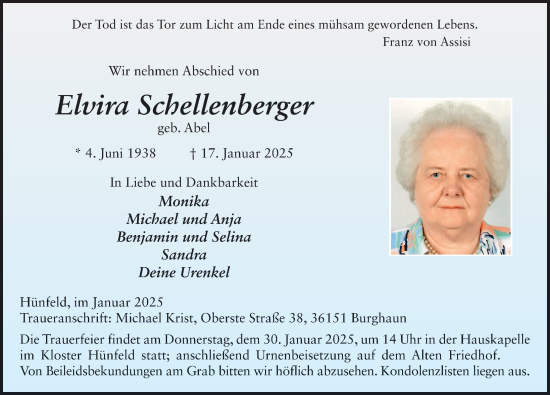 Traueranzeige von Elvira Schellenberger von FZ