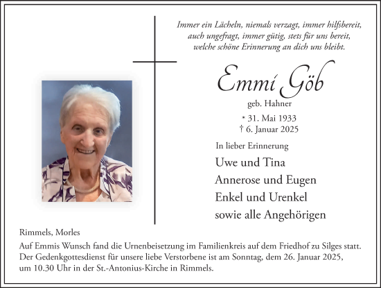 Traueranzeige von Emmi Göb von FZ