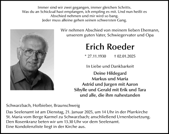 Traueranzeige von Erich Roeder von FZ