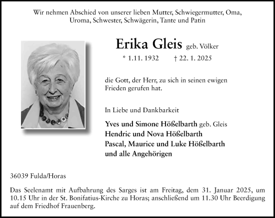 Traueranzeige von Erika Gleis von FZ