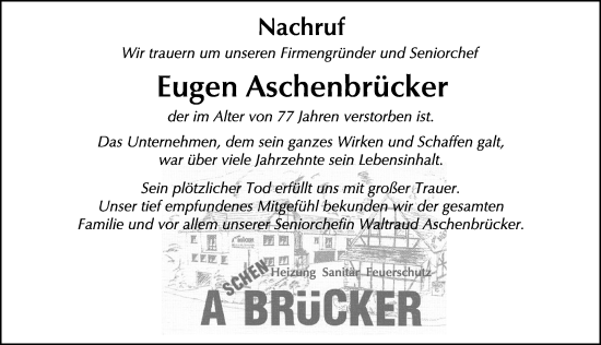 Traueranzeige von Eugen Aschenbrücker von FZ