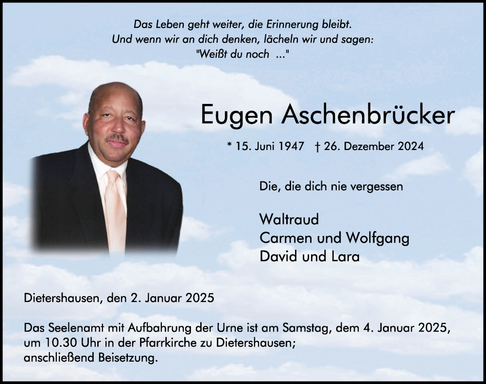  Traueranzeige für Eugen Aschenbrücker vom 02.01.2025 aus FZ