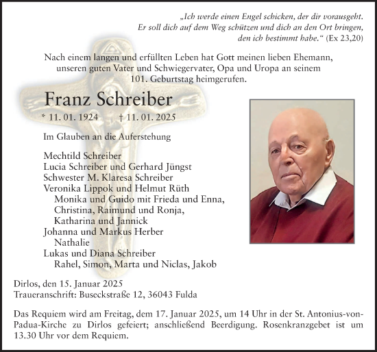 Traueranzeige von Franz Schreiber von FZ