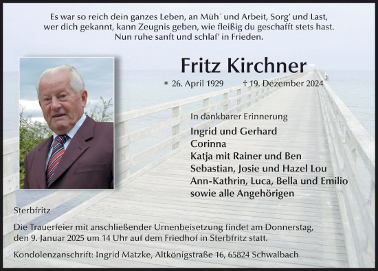 Traueranzeige von Fritz Kirchner von FZ