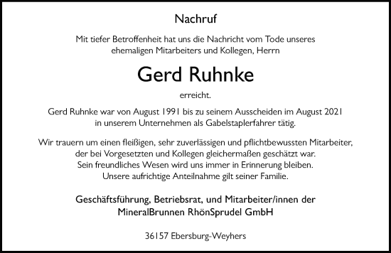 Traueranzeige von Gerd Ruhnke von FZ