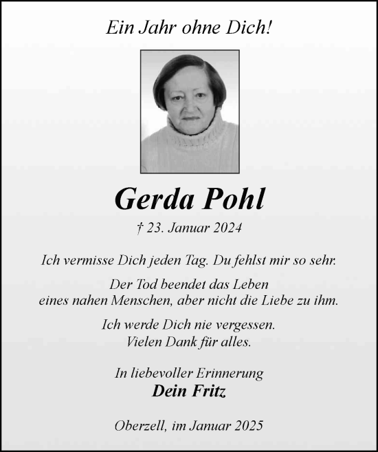 Traueranzeige von Gerda Pohl von FZ