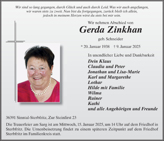Traueranzeige von Gerda Zinkhan von FZ
