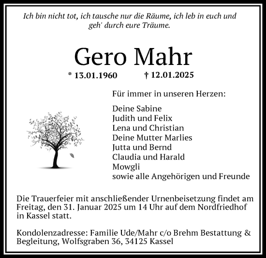 Traueranzeige von Gero Mahr von FZ