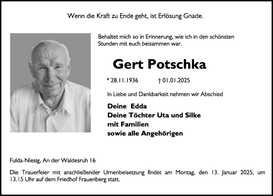 Traueranzeige von Gert Potschka von FZ