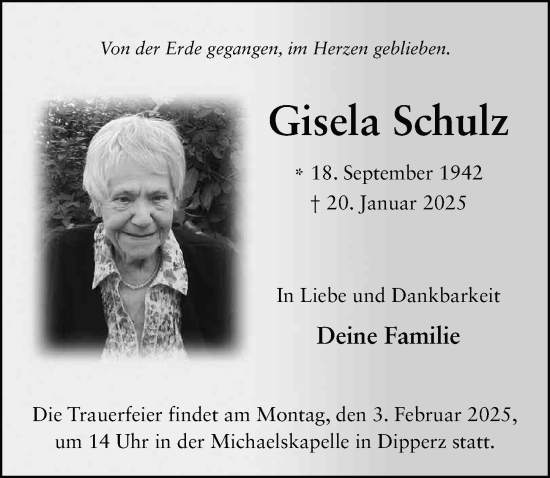 Traueranzeige von Gisela Schulz von FZ