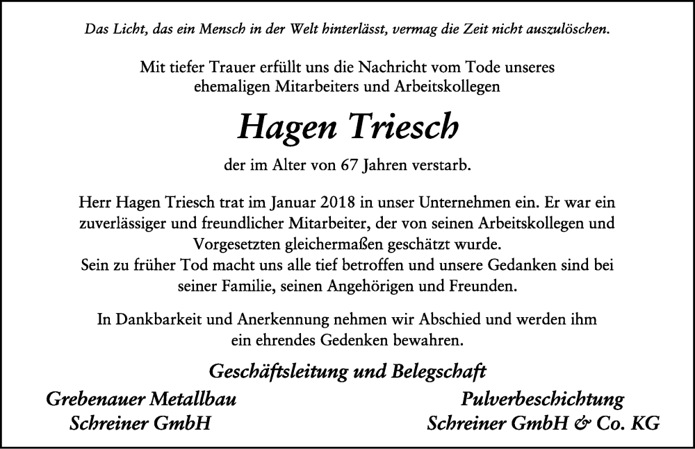  Traueranzeige für Hagen Triesch vom 21.01.2025 aus FZ