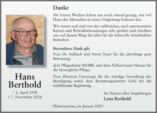 Traueranzeige von Hans Berthold von FZ