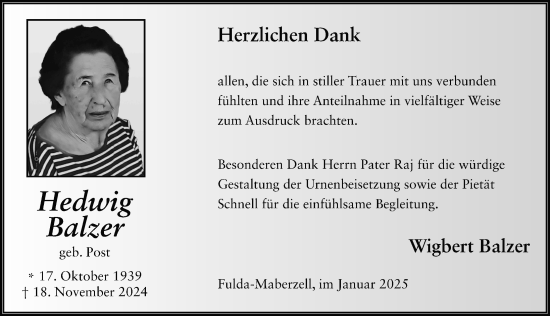 Traueranzeige von Hedwig Balzer von FZ
