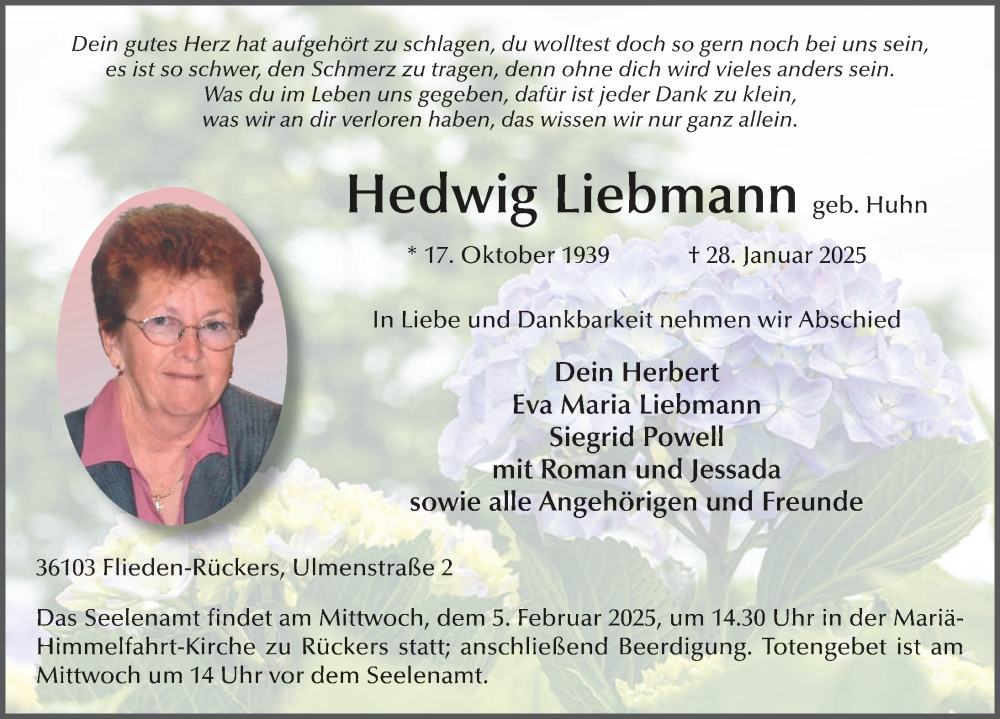  Traueranzeige für Hedwig Liebmann vom 31.01.2025 aus FZ