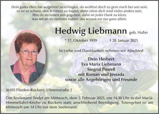 Traueranzeige von Hedwig Liebmann von FZ