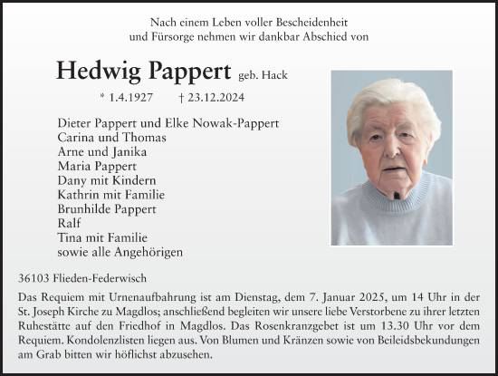 Traueranzeige von Hedwig Pappert von FZ