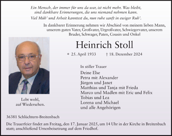 Traueranzeige von Heinrich Stoll von FZ