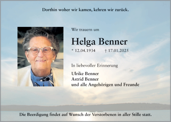 Traueranzeige von Helga Benner von FZ