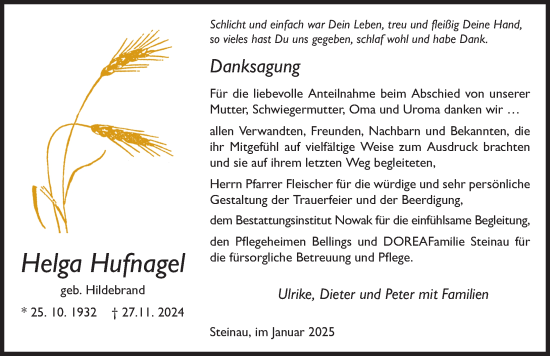 Traueranzeige von Helga Hufnagel von FZ
