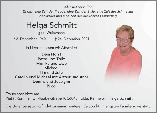 Traueranzeige von Helga Schmitt von FZ
