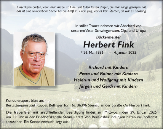 Traueranzeige von Herbert Fink von FZ