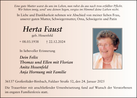 Traueranzeige von Herta Faust von FZ