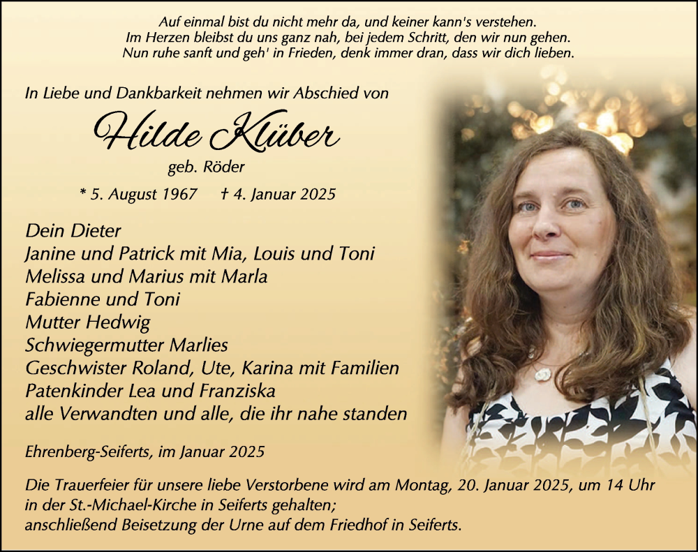  Traueranzeige für Hilde Klüber vom 17.01.2025 aus FZ