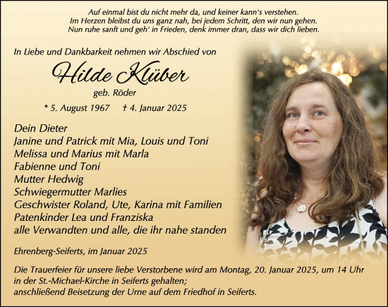 Traueranzeige von Hilde Klüber von FZ