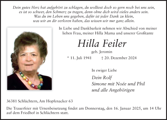 Traueranzeige von Hilla Feiler von FZ