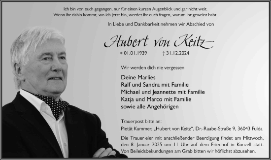 Traueranzeige von Hubert von Keitz von FZ