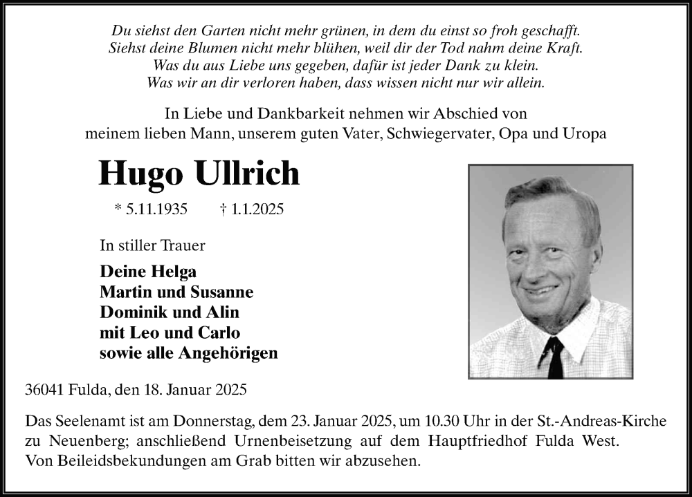  Traueranzeige für Hugo Ullrich vom 20.01.2025 aus FZ