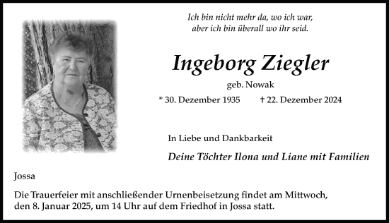 Traueranzeige von Ingeborg Ziegler von FZ