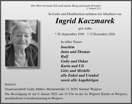 Traueranzeige von Ingrid Kaczmarek von FZ