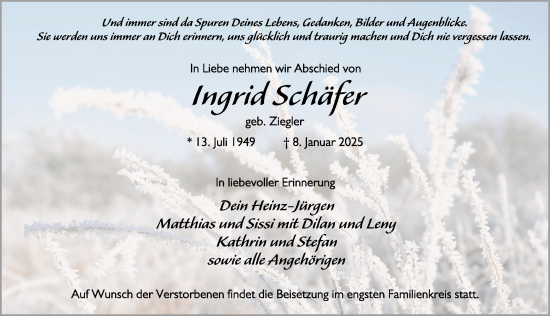 Traueranzeige von Ingrid Schäfer von FZ