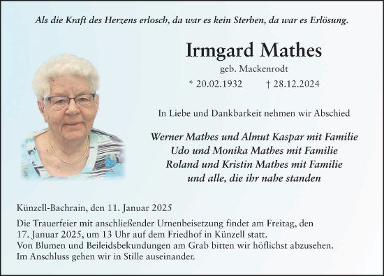 Traueranzeige von Irmgard Mathes von FZ