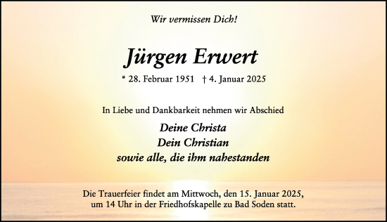 Traueranzeige von Jürgen Erwert von FZ