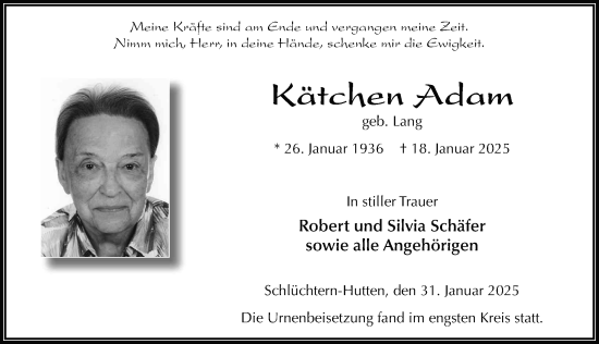 Traueranzeige von Kätchen Adam von FZ